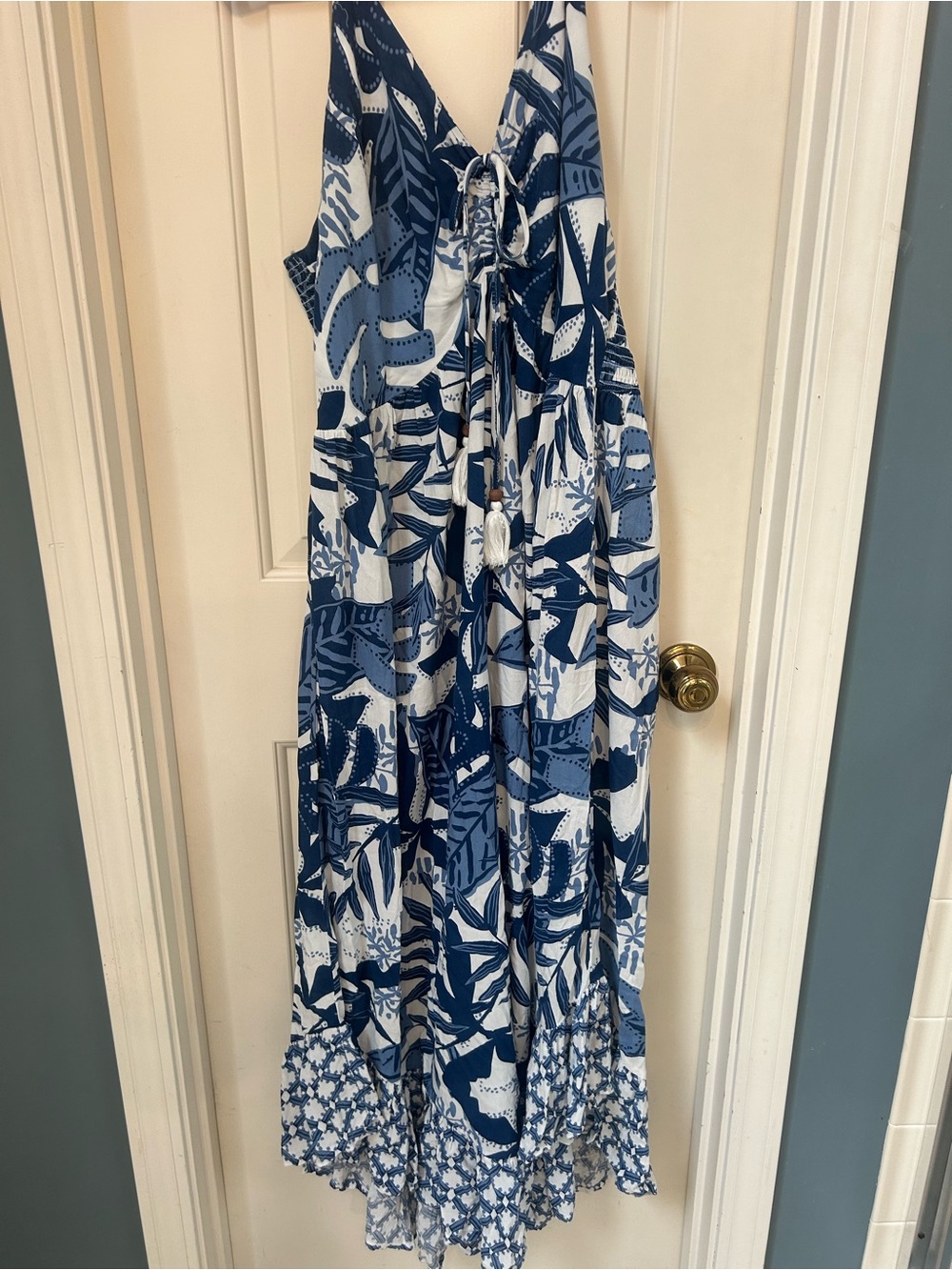 GOA Beachwear Blue and White Tropical Maxi Romper Jumpsuit Tie Front XL
